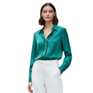 Trina Turk Button Up Silk Tuxedo Ruffle Blouse Top Teal Green Sz S French Cuff